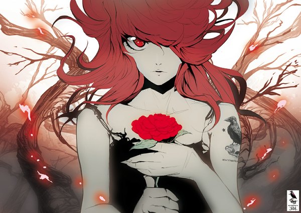 Anime picture 1063x752 with original jinbei (artist) single long hair looking at viewer fringe red eyes bare shoulders red hair hair over one eye tattoo girl dress animal black dress bird (birds) branch crow