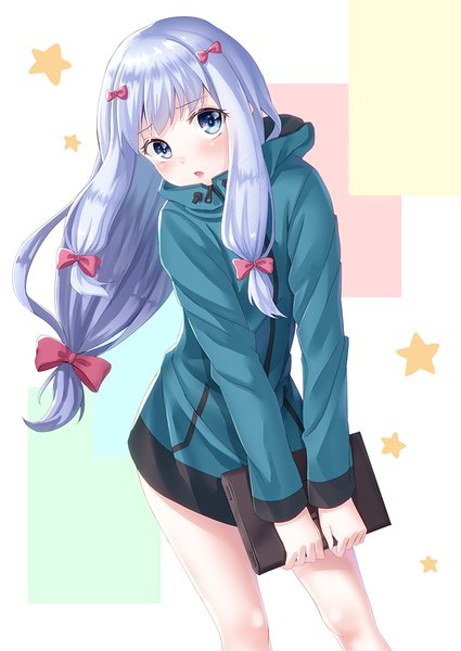 Anime picture 708x1000 with eromanga sensei a-1 pictures izumi sagiri sumomo7317 single long hair tall image looking at viewer blush fringe silver hair leaning low ponytail silver eyes girl bow hair bow jacket star (symbol)