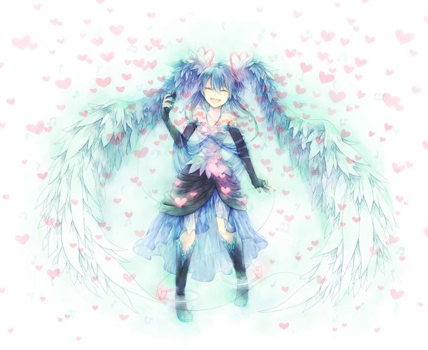 Anime picture 1550x1266 with vocaloid hatsune miku hana (mew) single open mouth white background twintails bare shoulders eyes closed very long hair aqua hair girl dress detached sleeves wings boots heart microphone wire (wires)