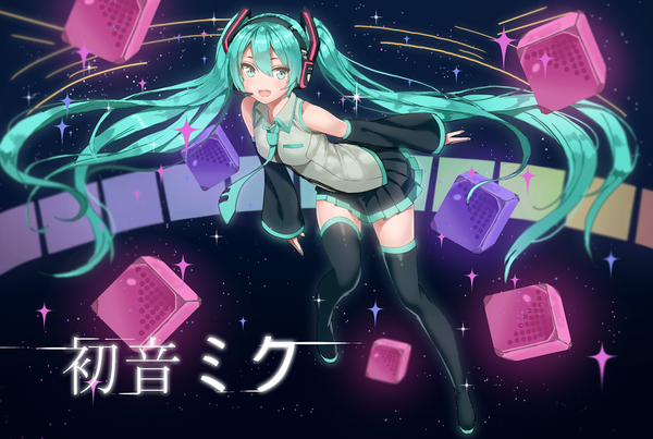 Anime picture 1183x796 with vocaloid hatsune miku mx2j (nsh6394) single blush breasts open mouth looking away very long hair pleated skirt aqua eyes aqua hair sparkle leaning zettai ryouiki leaning forward character names girl thighhighs skirt