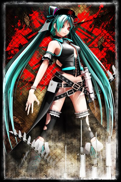 Anime picture 1000x1500 with vocaloid bacterial contamination (vocaloid) calcium deino single tall image fringe light erotic red eyes very long hair hair over one eye aqua hair framed bone (bones) girl thighhighs bow black thighhighs hair bow hat