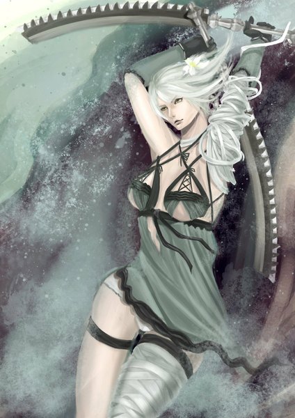 Anime picture 752x1063 with nier kaine (nier) tagme (artist) single long hair tall image breasts light erotic holding looking away white hair hair flower lips arms up dual wielding girl gloves hair ornament underwear panties