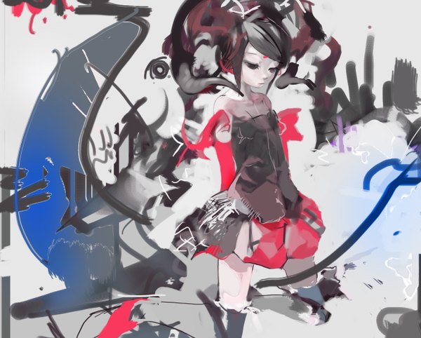 Anime picture 1280x1030 with original uturo single black hair black eyes pale skin abstract graffiti girl skirt