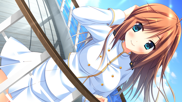 Anime picture 1280x720 with natsu koi high pressure tagme (character) tagme (artist) single long hair looking at viewer blush blue eyes smile brown hair wide image game cg sky sunlight adjusting hair weightlessness girl skirt sea