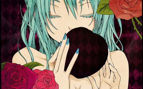 Anime picture 1920x1200 with vocaloid romeo to cinderella (vocaloid) hatsune miku long hair highres wide image eyes closed nail polish aqua hair girl flower (flowers) rose (roses)