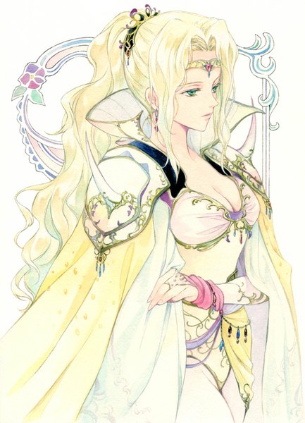 Anime picture 600x831 with final fantasy final fantasy iv square enix rosa farrell agahari single long hair tall image light erotic blonde hair white background green eyes looking away cleavage ponytail midriff traditional media watercolor (medium) girl earrings