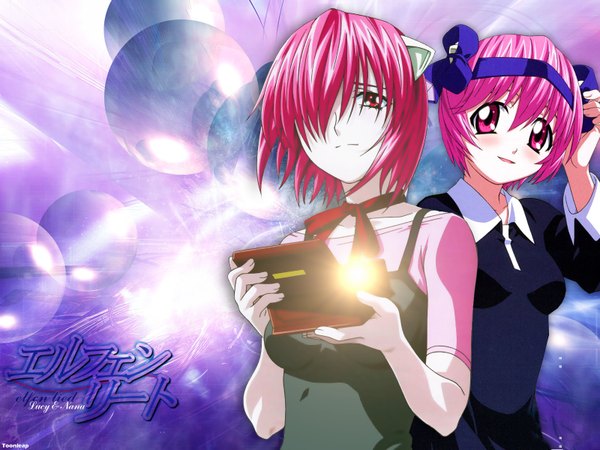 Anime picture 1600x1200 with elfen lied arms corporation lucy nana (elfen lied) lynn okamoto (artist) toonleap blush fringe short hair smile red eyes multiple girls signed animal ears pink hair pink eyes light smile cat ears hair over one eye wallpaper