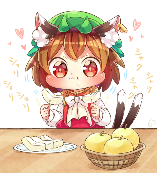 Anime picture 1269x1400 with touhou chen ibaraki natou single tall image blush short hair red eyes brown hair white background animal ears tail animal tail cat ears cat girl cat tail symbol-shaped pupils happy eating multiple tails