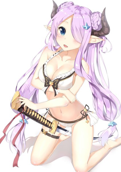 Anime picture 1400x1980 with granblue fantasy narmaya (granblue fantasy) narmaya (summer) (granblue fantasy) rong yi tan single long hair tall image looking at viewer blush fringe breasts open mouth blue eyes light erotic simple background large breasts white background twintails bare shoulders cleavage