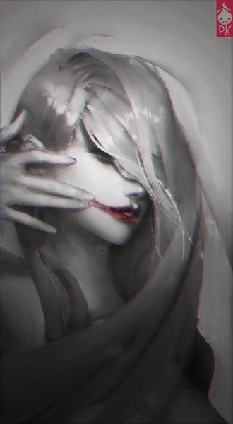 Anime picture 800x1454 with paul (shiramune) long hair tall image signed grey hair grey background lipstick monochrome hand on face hair over eyes spot color shirtless girl