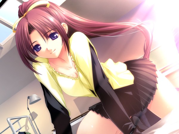 Anime picture 1200x900 with aneimo long hair blue eyes pink hair game cg ponytail girl skirt miniskirt
