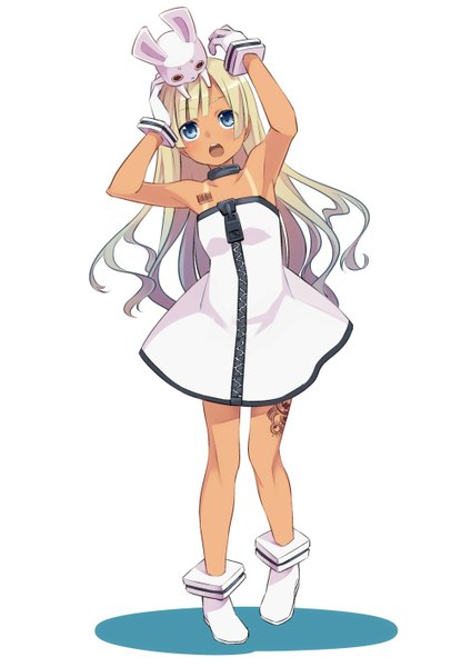 Anime picture 1000x1414 with original sama (artist) single long hair tall image blush open mouth blue eyes simple background blonde hair standing white background multicolored hair arms up armpit (armpits) tattoo tan tan lines girl dress