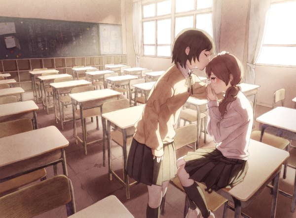 Anime picture 1200x883 with original ame (conronca) long hair blush short hair brown hair twintails multiple girls brown eyes eyes closed crying kiss classroom girl thighhighs skirt uniform 2 girls school uniform window