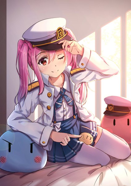 Anime picture 707x1000 with kantai collection original female admiral (kantai collection) byakuya reki single long hair tall image looking at viewer blush fringe hair between eyes red eyes sitting twintails pink hair bent knee (knees) indoors head tilt pleated skirt one eye closed