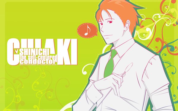 Anime picture 1920x1200 with nodame cantabile j.c. staff chiaki shinichi k1ru ninomiya tomoko single looking at viewer highres short hair red eyes wide image upper body light smile orange hair vector green background flat color boy necktie suit