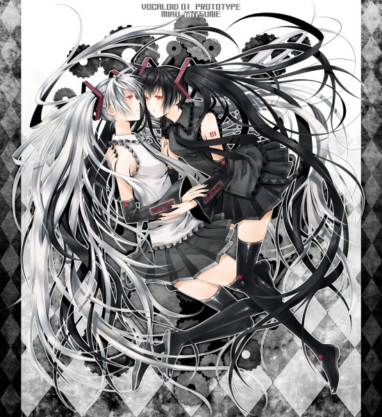 Anime picture 1100x1200 with vocaloid hatsune miku insane black rock shooter yuuno (yukioka) long hair tall image black hair red eyes twintails multiple girls white hair very long hair holding hands rhombus girl skirt 2 girls detached sleeves miniskirt necktie