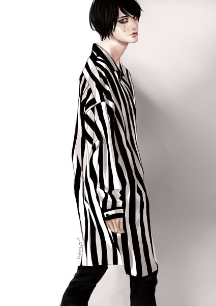 Anime picture 800x1129 with original nanao (artist) single tall image looking at viewer short hair black hair simple background red eyes signed realistic piercing striped eyeshadow walking dark hair lip piercing boy shirt pants