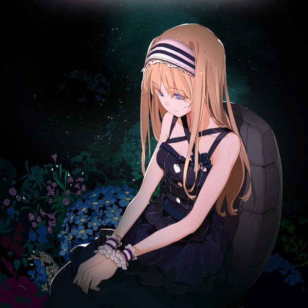 Anime picture 1803x1803 with twin moons original manabi (artist) single long hair highres blue eyes blonde hair sitting bare shoulders night looking down dark background girl flower (flowers) hairband wrist cuffs