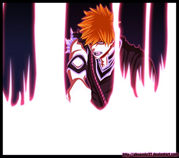 Anime picture 1024x905 with bleach studio pierrot kurosaki ichigo abuamin32 single short hair open mouth brown eyes japanese clothes orange hair coloring torn clothes light bankai boy kimono