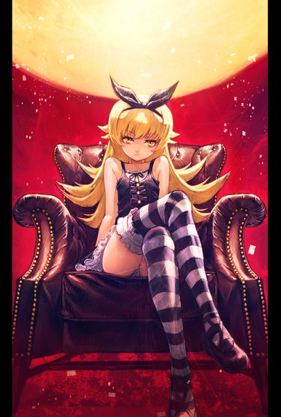 Anime picture 676x1000 with bakemonogatari shaft (studio) monogatari (series) oshino shinobu boyaking(sbf) single long hair tall image looking at viewer light erotic blonde hair sitting yellow eyes bent knee (knees) pantyshot sleeveless crossed legs framed pillarboxed leather