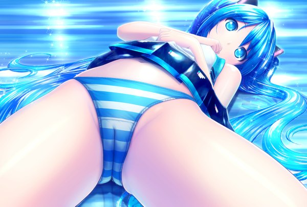 Anime picture 1427x965 with vocaloid hatsune miku akahige single blue eyes light erotic twintails blue hair very long hair girl underwear panties miniskirt
