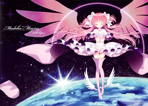 Anime picture 3966x2845 with mahou shoujo madoka magica shaft (studio) kaname madoka wasabi (sekai) single long hair highres pink hair absurdres eyes closed space girl thighhighs dress gloves bow hair bow wings planet earth
