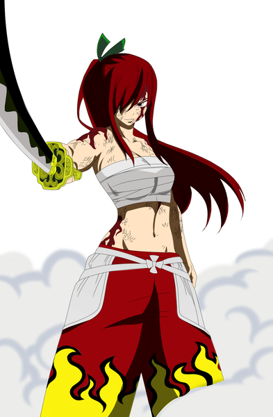 Anime picture 1024x1562 with fairy tail erza scarlet markoldea single long hair tall image fringe red eyes ponytail red hair hair over one eye girl weapon sword blood bandage (bandages) flame