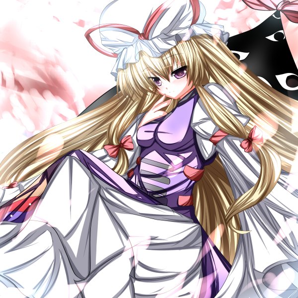 Anime picture 1200x1200 with touhou yakumo yukari tabuchisan single long hair blonde hair purple eyes girl dress bow ribbon (ribbons) bonnet