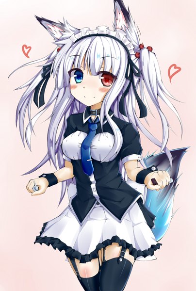 Anime picture 1100x1630 with original segaxtu long hair tall image blush simple background white background animal ears white hair animal tail zettai ryouiki heterochromia girl thighhighs dress black thighhighs necktie headdress