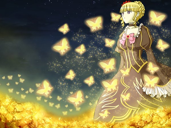 Anime picture 1024x768 with umineko no naku koro ni beatrice artemisumi seraphina flower (flowers) rose (roses) insect butterfly yellow rose