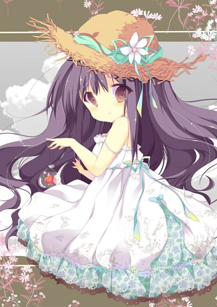 Anime picture 752x1062 with original umino mizu single long hair tall image black hair brown eyes looking back loli girl dress flower (flowers) hat sundress fish (fishes)
