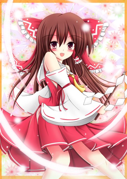 Anime picture 1000x1412 with touhou hakurei reimu yuzin (artist) single long hair tall image looking at viewer blush red eyes brown hair girl skirt flower (flowers) bow hair bow detached sleeves red skirt gohei
