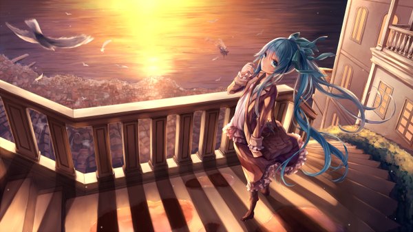 Anime picture 1280x720 with vocaloid hatsune miku aquariumtama single long hair looking at viewer blue eyes wide image twintails blue hair evening sunset girl dress bow hair bow animal frills sea bird (birds)