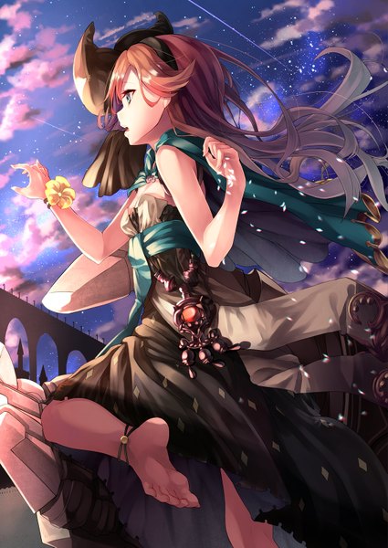 Anime picture 1129x1593 with granblue fantasy sara (granblue fantasy) saraki single long hair tall image open mouth blue eyes looking away cloud (clouds) profile multicolored hair barefoot wind grey hair sunlight orange hair night night sky outstretched arm