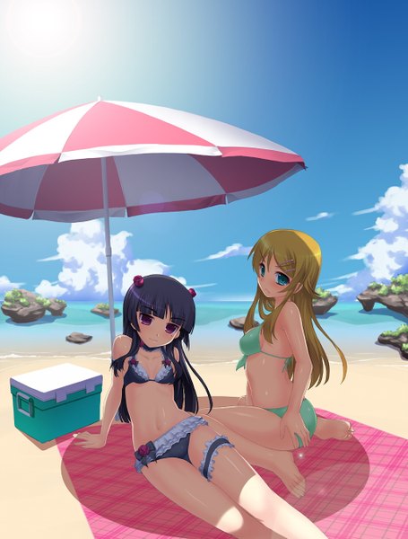 Anime picture 1024x1349 with ore no imouto ga konna ni kawaii wake ga nai gokou ruri kousaka kirino kotobuki utage long hair tall image looking at viewer blush blue eyes black hair blonde hair sitting purple eyes multiple girls cloud (clouds) hair flower beach girl navel hair ornament