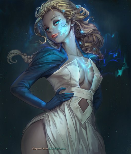 Anime picture 1020x1200 with frozen (disney) disney elsa (frozen) claparo-sans single long hair tall image breasts blue eyes light erotic simple background blonde hair smile standing signed cleavage braid (braids) head tilt hair flower lips