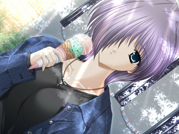 Anime picture 1024x768 with nursery song (game) fringe blue eyes game cg purple hair hair over one eye girl food sweets ice cream