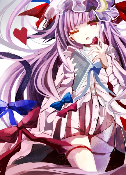 Anime picture 1778x2462 with touhou patchouli knowledge fumiko (miruyuana) single long hair tall image looking at viewer highres red eyes purple hair one eye closed wink girl ribbon (ribbons) bow hair ribbon food heart book (books) berry (berries)
