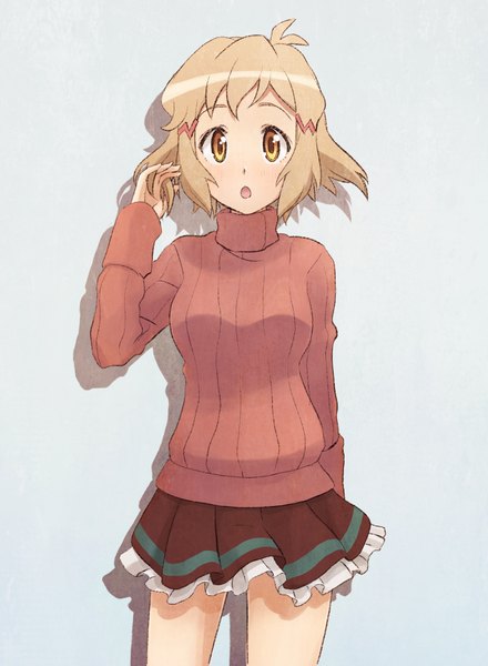 Anime picture 1320x1800 with senki zesshou symphogear satelight tachibana hibiki single tall image short hair open mouth blonde hair simple background :o orange eyes adjusting hair girl skirt sweater