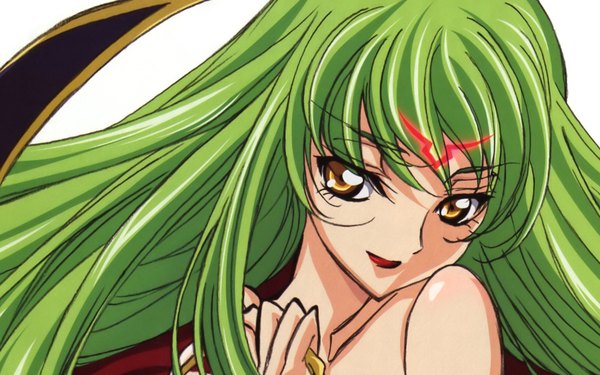 Anime picture 1680x1050 with code geass sunrise (studio) c.c. single long hair looking at viewer fringe simple background wide image white background bare shoulders brown eyes green hair forehead mark girl