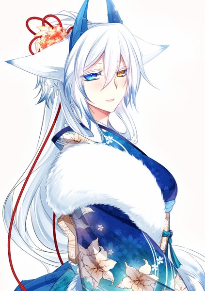 Anime picture 578x818 with original konshin single long hair tall image looking at viewer blush blue eyes simple background white background animal ears yellow eyes white hair traditional clothes japanese clothes horn (horns) heterochromia revision girl hair ornament