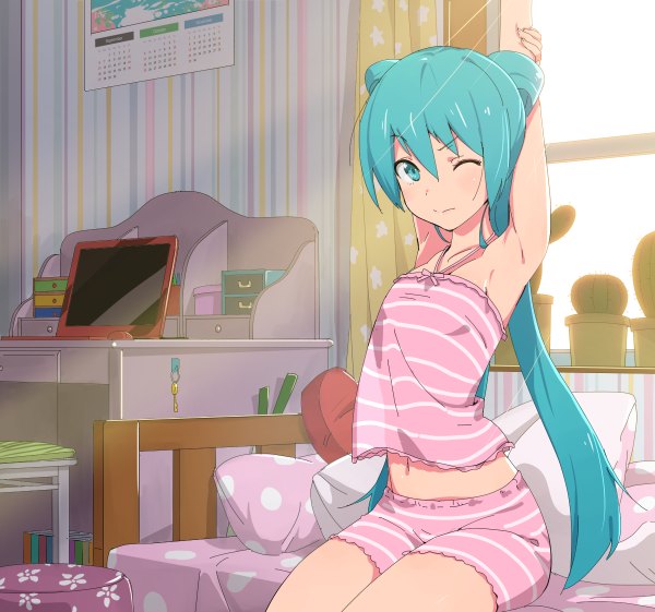 Anime picture 1200x1122 with vocaloid hatsune miku itoshige single looking at viewer blush fringe smile sitting twintails bare shoulders bent knee (knees) indoors one eye closed aqua eyes sunlight aqua hair arms up bare belly bare legs