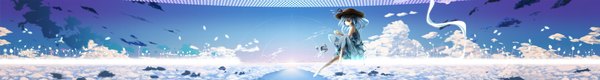 Anime picture 7446x1000 with original ilis (artist) long hair highres blue eyes wide image blue hair sky cloud (clouds) barefoot girl dress hat
