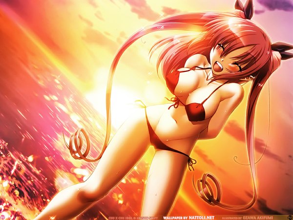 Anime picture 1024x768 with long hair blush breasts light erotic twintails red hair eyes closed teeth wet fang (fangs) dutch angle watermark evening sunset swimsuit bikini sea red bikini