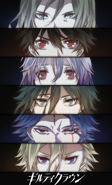 Anime picture 600x988 with guilty crown production i.g yuzuriha inori ouma shu tsutsugami gai kenji kido daryl yan makoto waltz segai yantou828 tall image looking at viewer fringe short hair blue eyes blonde hair hair between eyes red eyes brown hair purple eyes blue hair