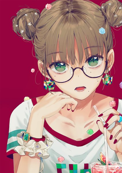 Anime picture 800x1132 with original dangmill single tall image looking at viewer fringe short hair open mouth simple background hair between eyes brown hair green eyes upper body blunt bangs nail polish fingernails mole hair bun (hair buns) mole under eye red background
