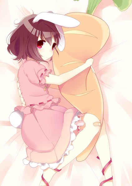 Anime picture 1190x1683 with touhou inaba tewi mafuyu (chibi21) single tall image looking at viewer fringe short hair brown hair animal ears tail lying animal tail pink eyes bunny ears hug bunny tail bandaid on leg bandaid on knee girl