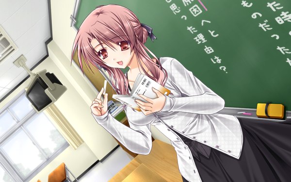 Anime picture 1024x640 with hatsukoi yohou (game) long hair red eyes brown hair wide image game cg teacher girl blackboard