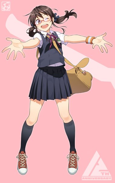 Anime picture 632x1000 with original aoi sora (pairan) pairan single long hair tall image blush open mouth black hair smile twintails brown eyes full body pleated skirt one eye closed wink pink background outstretched hand girl skirt
