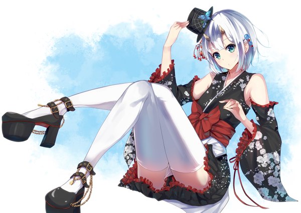 Anime picture 1600x1131 with original konkito single short hair blue eyes light erotic looking away white hair traditional clothes japanese clothes horn (horns) girl thighhighs hat detached sleeves white thighhighs shoes kimono mini hat mini top hat
